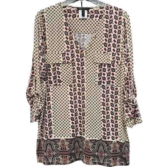Tops - Excellent! BCBGMAXAZRIA Women Cream Navy Print Tunic Long Sleeve
